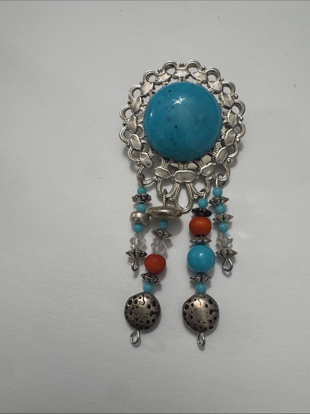 Vintage Turquoise& Coral Dangle Brooch — Silver-Tone Women’s Jewelry
